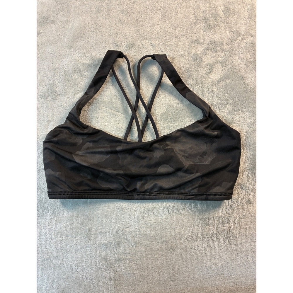 Lululemon Free To Be Bra Camo Black Grey Strappy Back Yoga Sports Bra Size 8